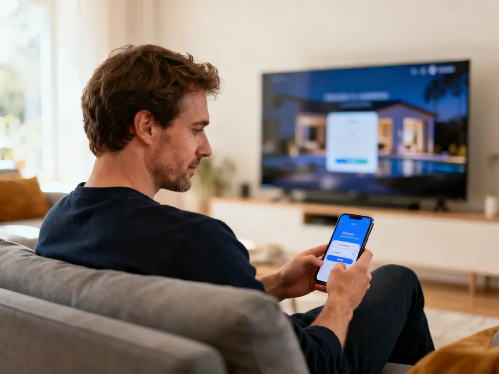 Mężczyzna siedzący na kanapie i logujący się do aplikacji Canal+ na smartfonie w domowym salonie.