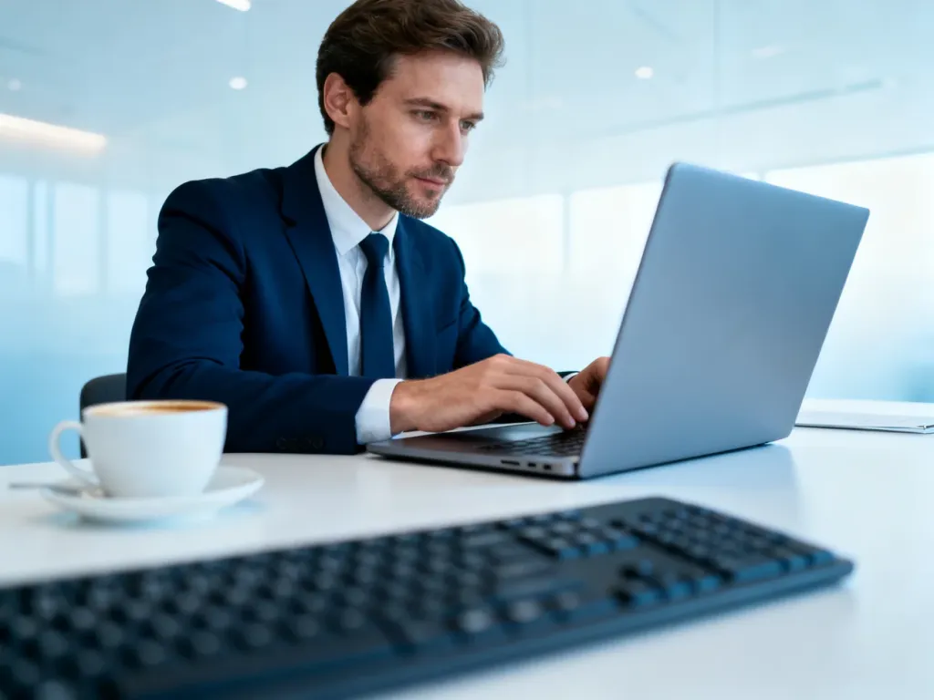 Pracownik skupiony na pracy przy laptopie w nowoczesnym biurze, symbolizujący korzystanie z systemu Teta.