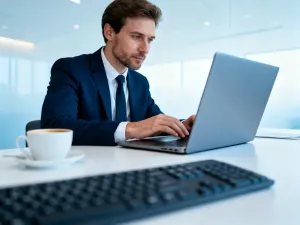 Kobieta pracująca przy laptopie w nowoczesnym biurze domowym, symbolizująca wygodne korzystanie z serwisu Energa24.
