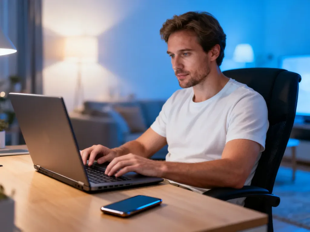 Mężczyzna korzystający z laptopa przy biurku w nowoczesnym domowym biurze, symbolizujący wygodne logowanie do serwisu.