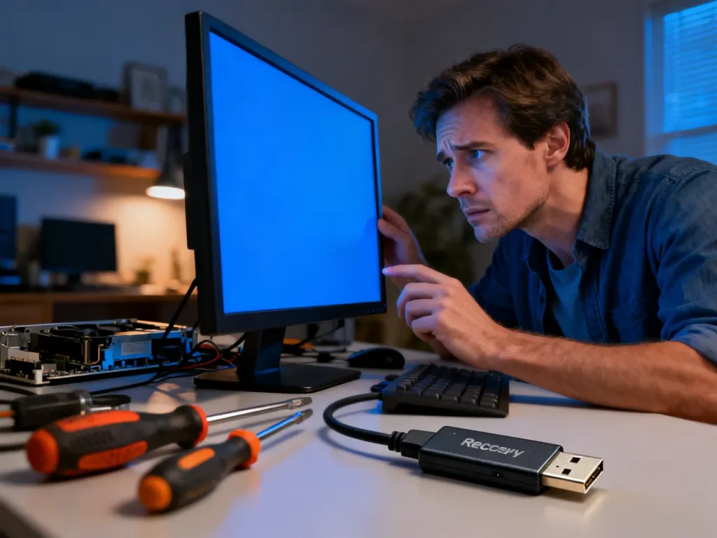 Zaniepokojony mężczyzna naprawia komputer z niebieskim ekranem błędu systemu Windows 10 przy użyciu narzędzi i dysku USB.