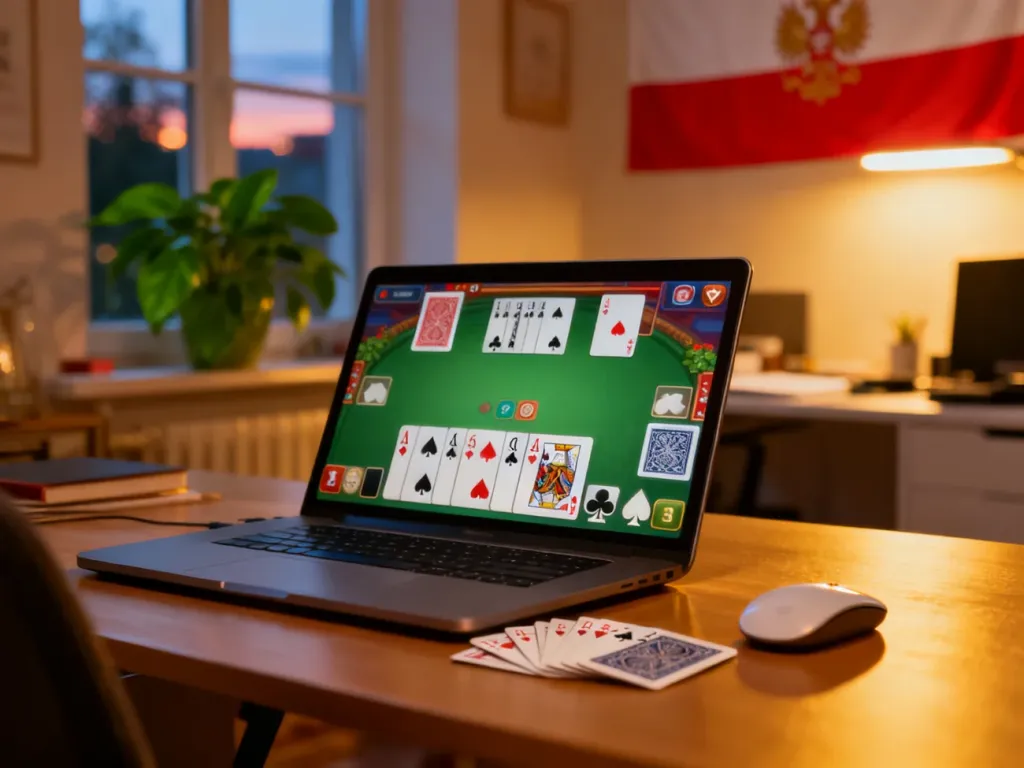 Laptop z otwartą grą w pasjansa w przytulnym domowym biurze o ciepłym, wieczornym oświetleniu.