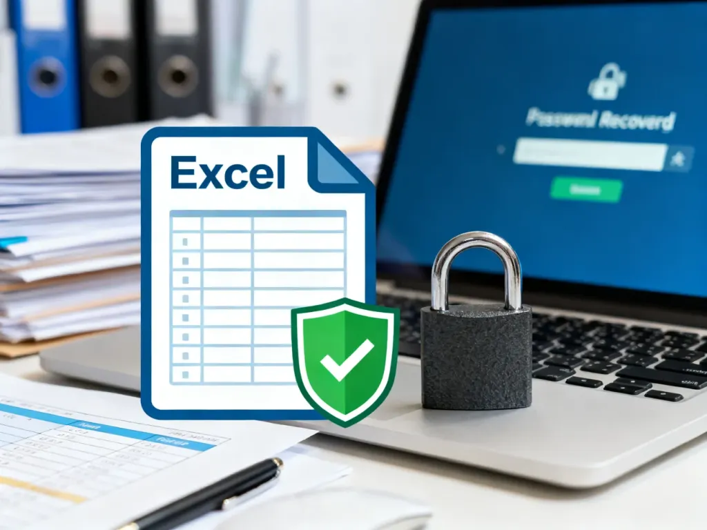 Ikona zablokowanego pliku Excel z kłódką i laptopem, symbolizująca proces odzyskiwania hasła do dokumentu.