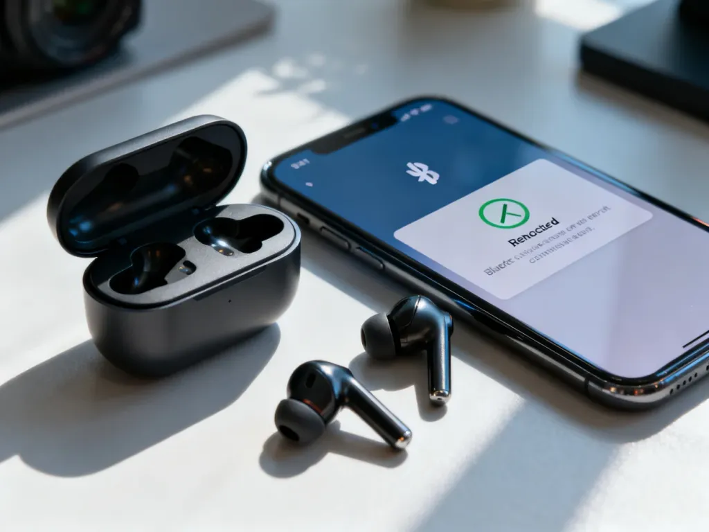 Bezprzewodowe słuchawki obok smartfona z widocznym błędem połączenia Bluetooth na ekranie.