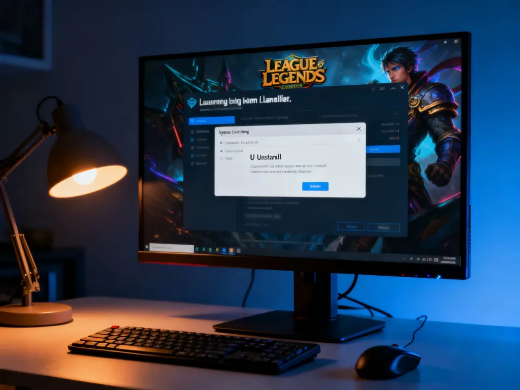 Ekran komputera z otwartym oknem ustawień systemu podczas procesu odinstalowywania gry League of Legends.
