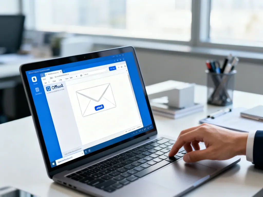 Dłoń sięgająca do przycisku wycofywania wiadomości na ekranie laptopa z otwartym interfejsem poczty Outlook.