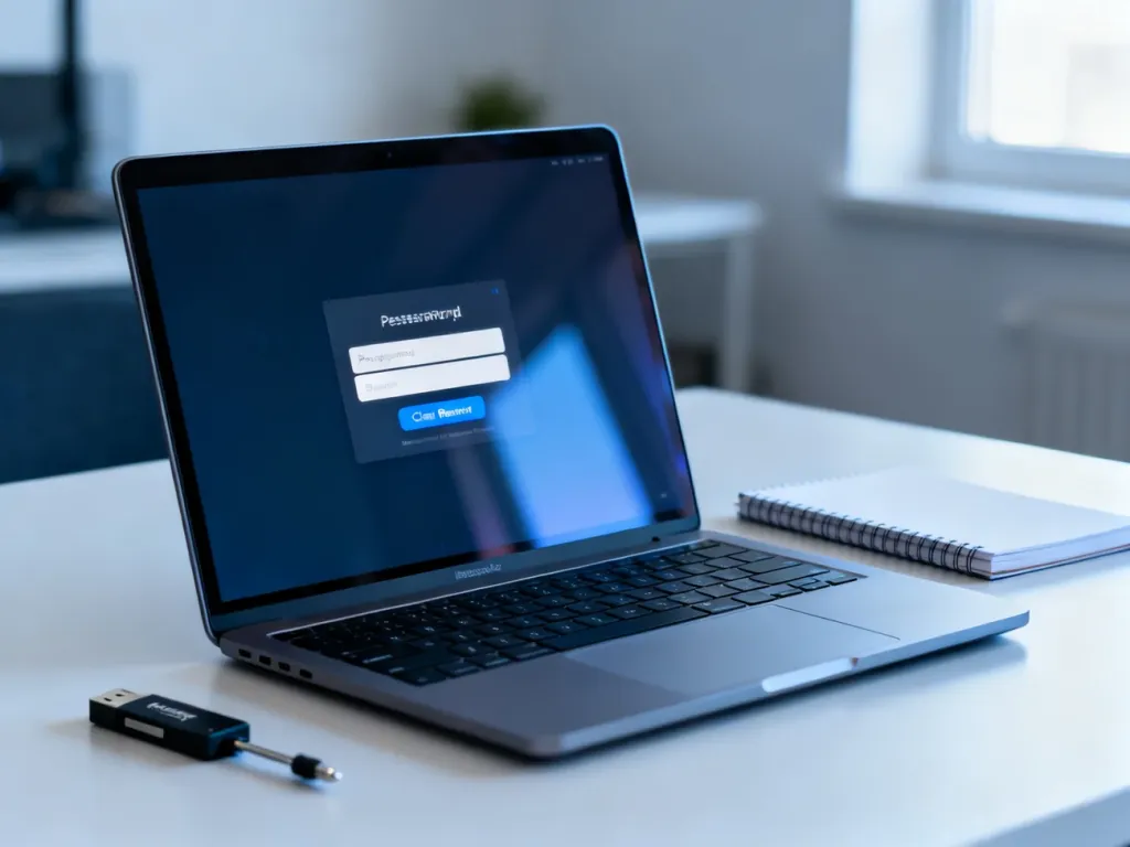 Nowoczesny laptop z ekranem logowania, pendrivem do odzyskiwania systemu i narzędziami na biurku.