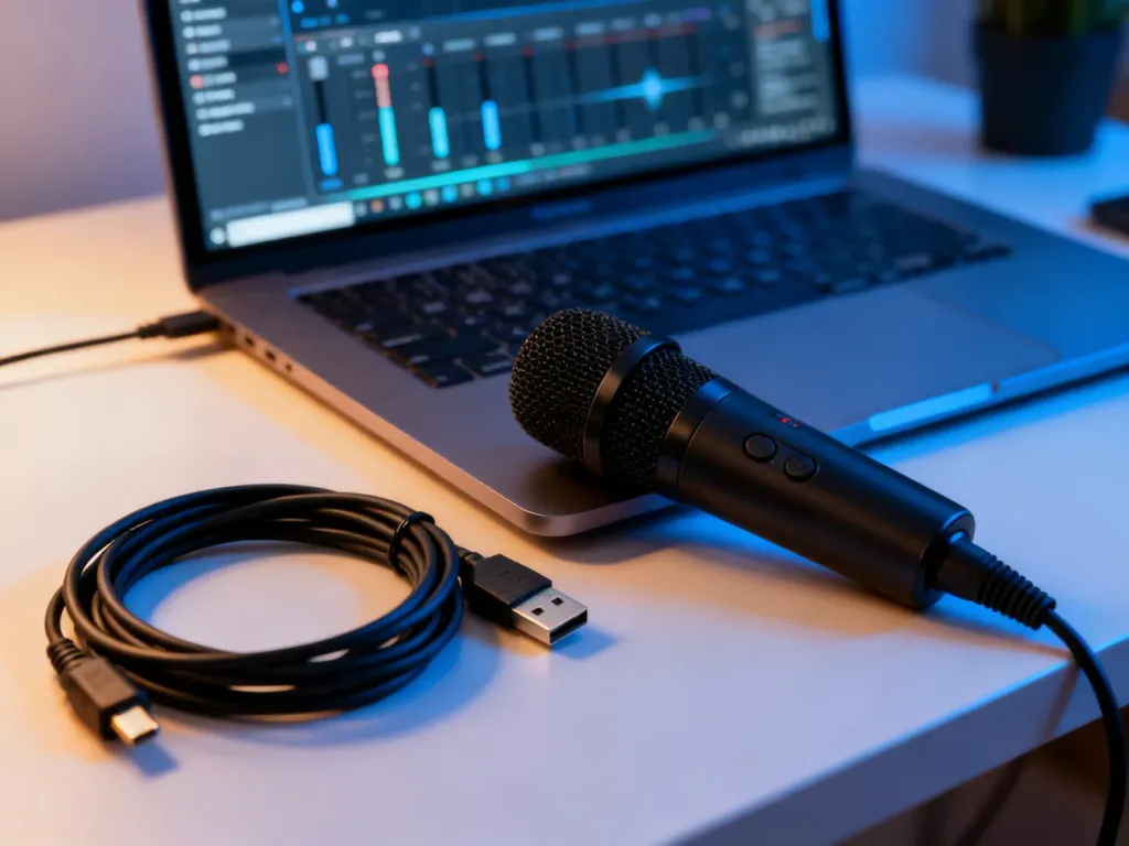 Mikrofon USB i kabel audio na biurku obok laptopa z otwartymi ustawieniami dźwięku w nowoczesnym miejscu pracy.