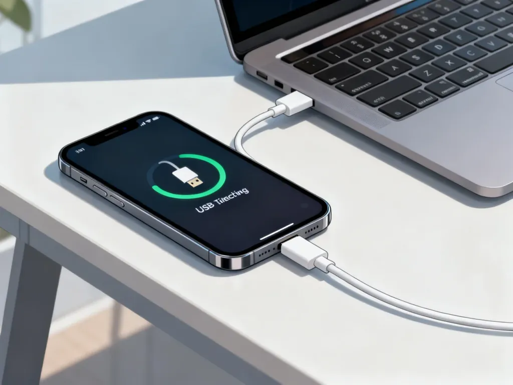 Smartfon podłączony kablem USB do laptopa z włączoną funkcją udostępniania internetu na ekranie telefonu.