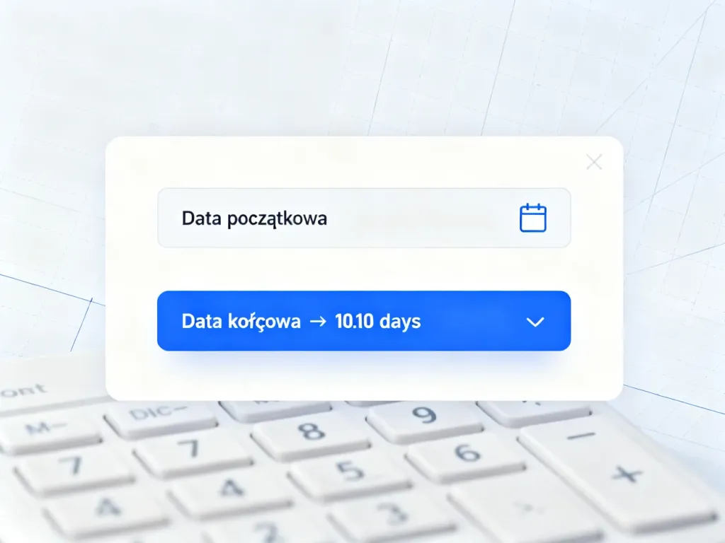 Nowoczesny interfejs kalkulatora online z polami do wyboru dat i wyraźnym wynikiem obliczonej liczby dni.