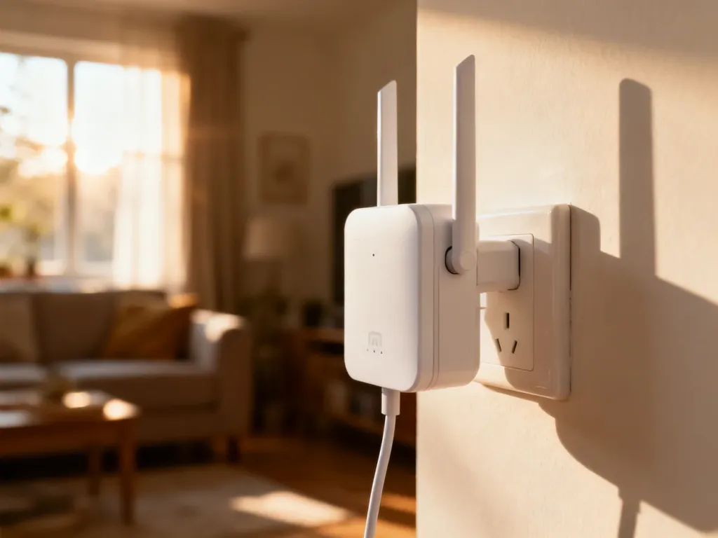 Biały wzmacniacz sygnału Wi-Fi podłączony do gniazdka elektrycznego w przytulnym salonie.