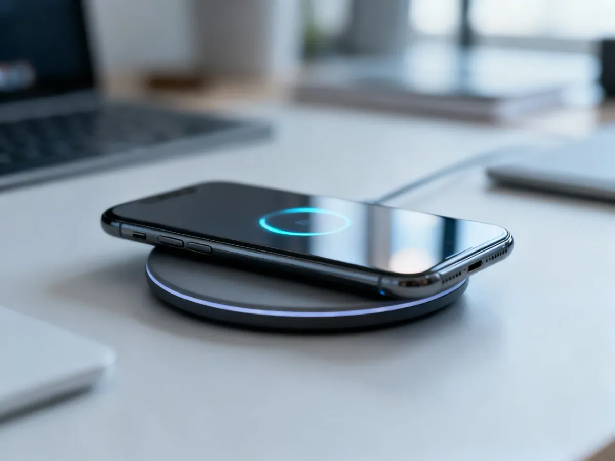 Smartfon umieszczony na ładowarce indukcyjnej Qi
