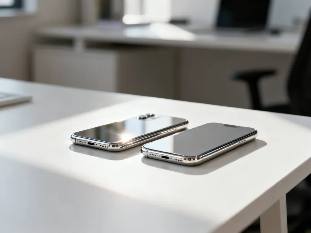Dwa nowoczesne smartfony leżące obok siebie na minimalistycznym biurku, prezentujące design najnowszych modeli iPhone.