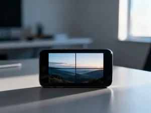 Nowoczesny smartfon porzucony na mokrym, miejskim chodniku w nocy, symbolizujący zgubione urządzenie.