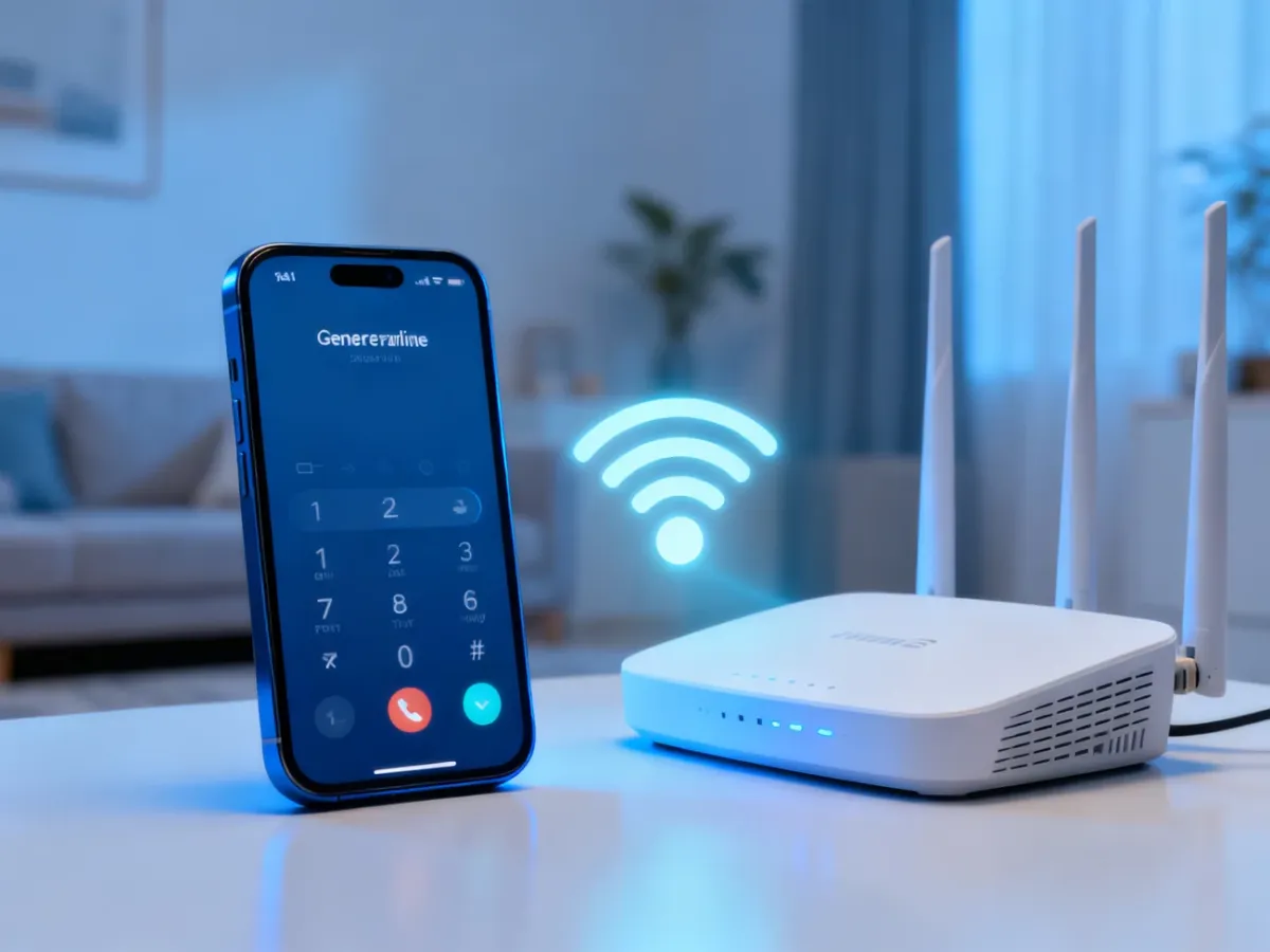 Smartfon z ustawieniami WiFi Calling obok routera Wi-Fi
