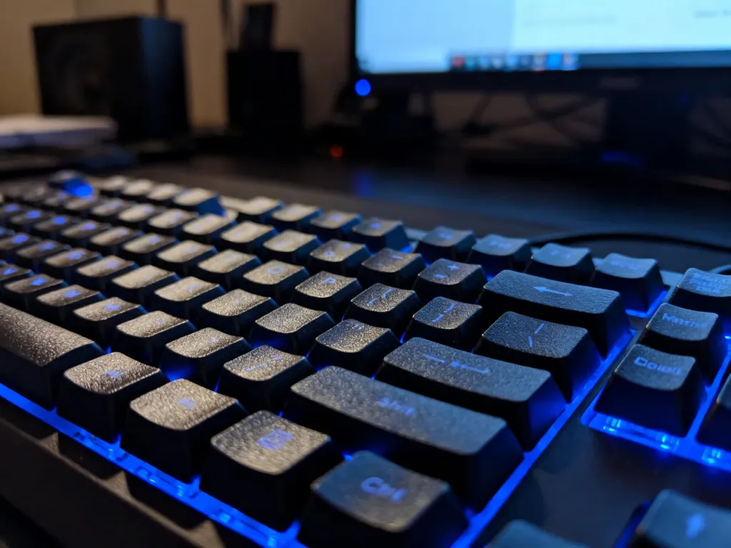Nowoczesna klawiatura mechaniczna z niebieskim podświetleniem LED, widoczna w zbliżeniu na czystych klawiszach.