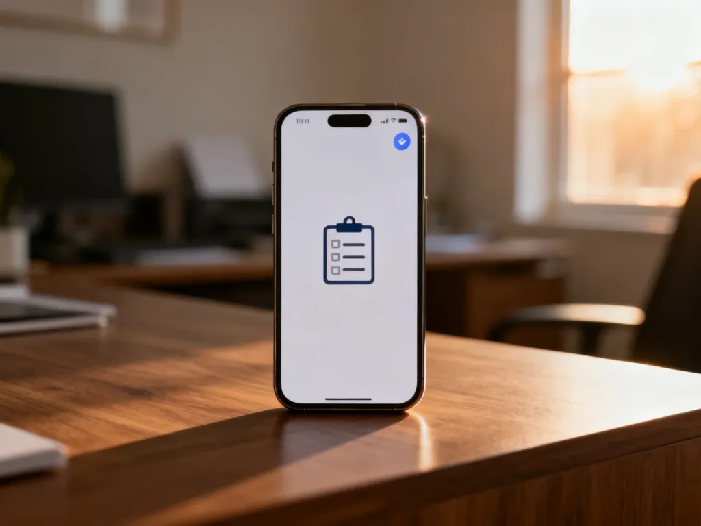Smartfon z ikoną listy zadań na ekranie leżący na drewnianym biurku w słonecznym domowym biurze.