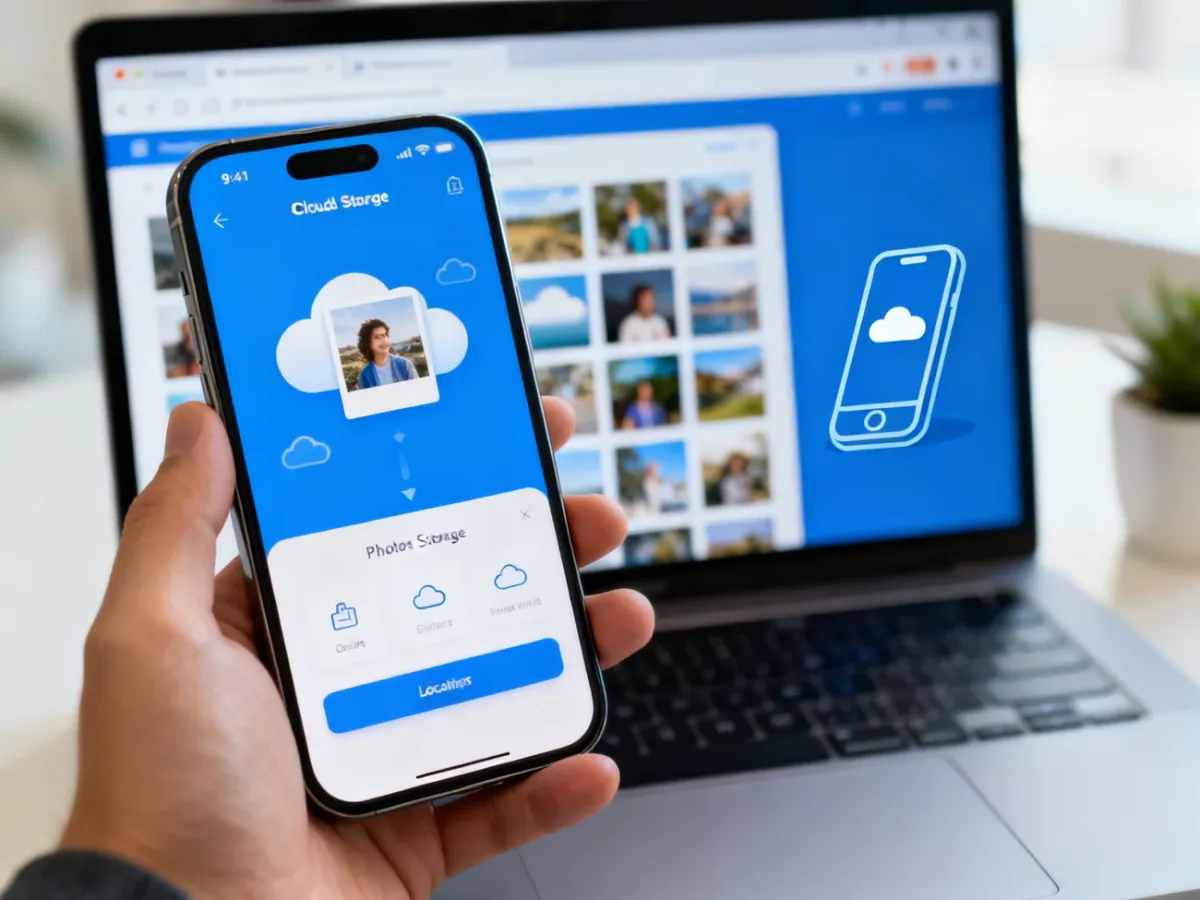 Smartfon i laptop symbolizujące zarządzanie zdjęciami między pamięcią telefonu a chmurą