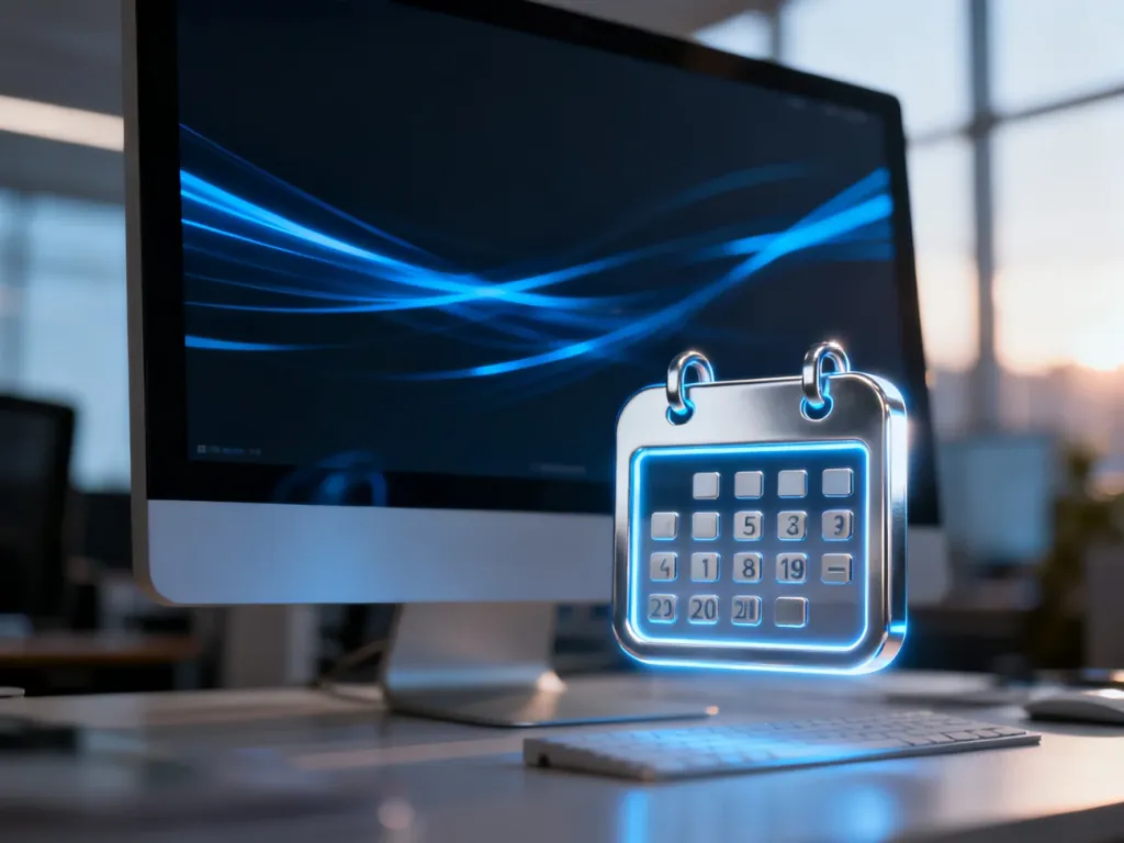 Nowoczesny monitor z interfejsem systemu operacyjnego i ikoną kalendarza, symbolizujący koniec wsparcia dla Windows 10.