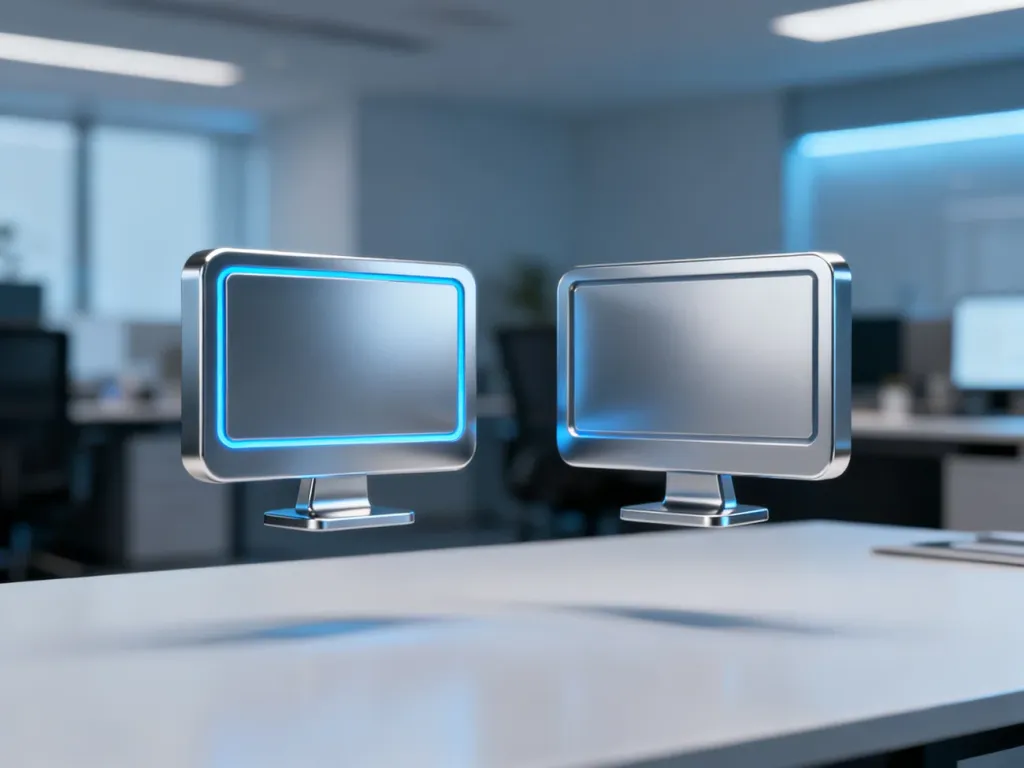 Dwie ikony monitorów na biurku, z których jedna jest przygaszona, symbolizując brak funkcji multimedialnych w wersji Windows N.