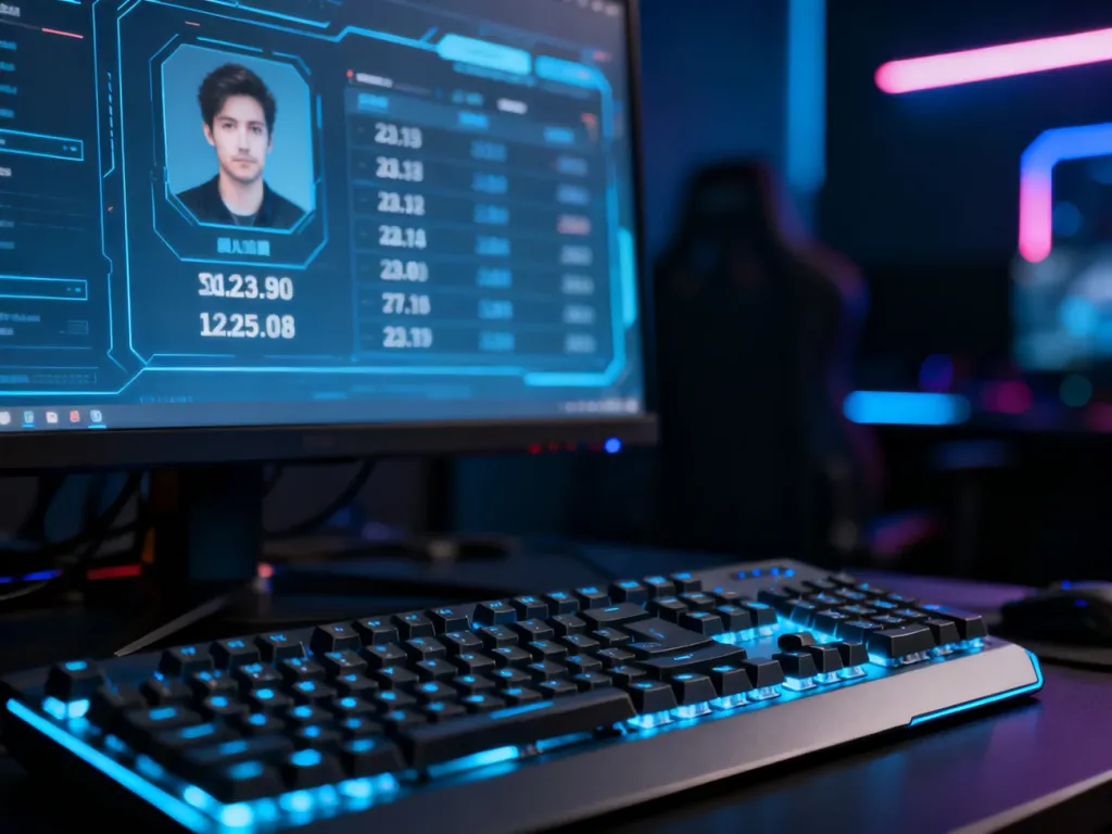 Podświetlana klawiatura gamingowa na tle monitora z cyfrowym profilem użytkownika Steam.