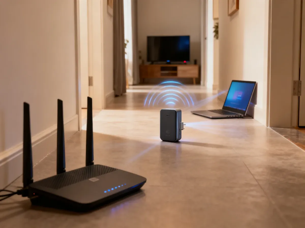 Router and WiFi repeater extending wireless coverage through a home