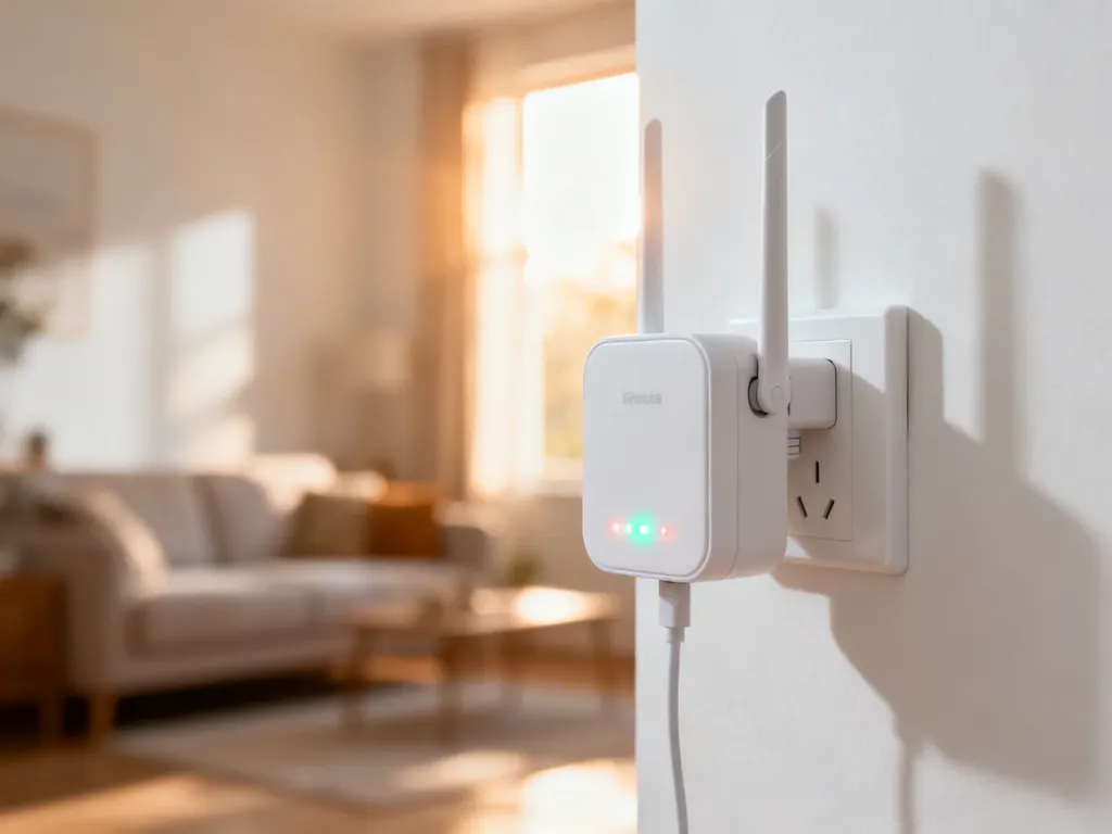 Wzmacniacz sygnału Wi-Fi Asus wpięty do gniazdka z aktywnymi diodami sygnalizującymi stabilne połączenie z siecią.