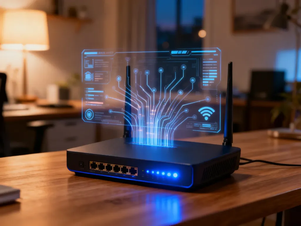 Nowoczesny router na biurku z nałożoną cyfrową grafiką symbolizującą monitorowanie ruchu sieciowego.