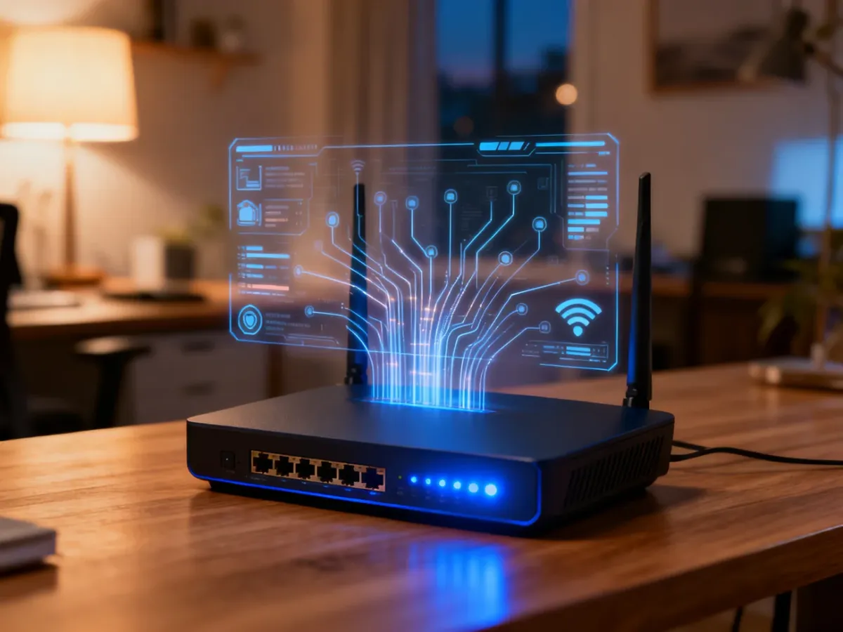 Nowoczesny router na biurku z nałożoną cyfrową grafiką symbolizującą monitorowanie ruchu sieciowego.