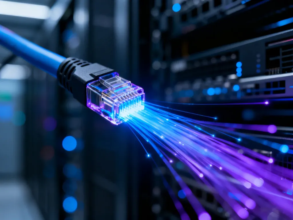 Światłowód emitujący niebieskie światło, symbolizujący szybką transmisję danych w sieci internetowej.