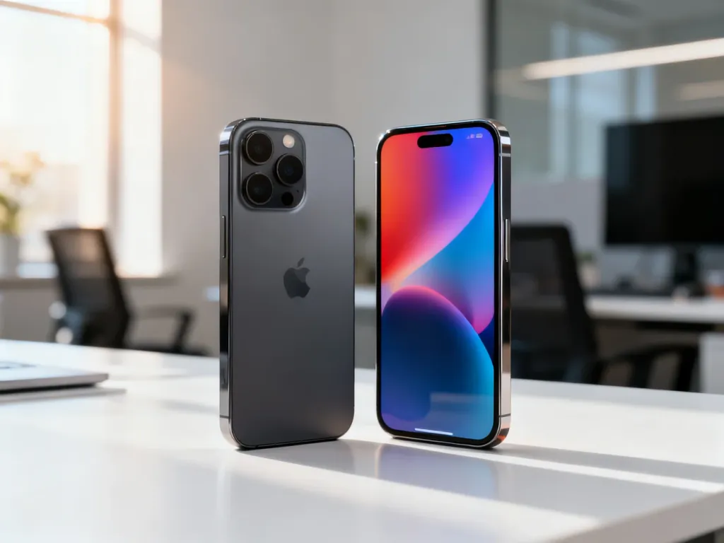 Smartfony iPhone i Samsung zestawione obok siebie na minimalistycznym biurku, prezentujące nowoczesny design.