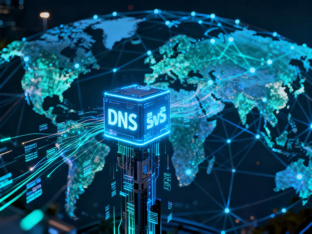 Wizualizacja cyfrowego węzła sieciowego DNS z przepływającymi danymi na tle globalnej infrastruktury internetowej.