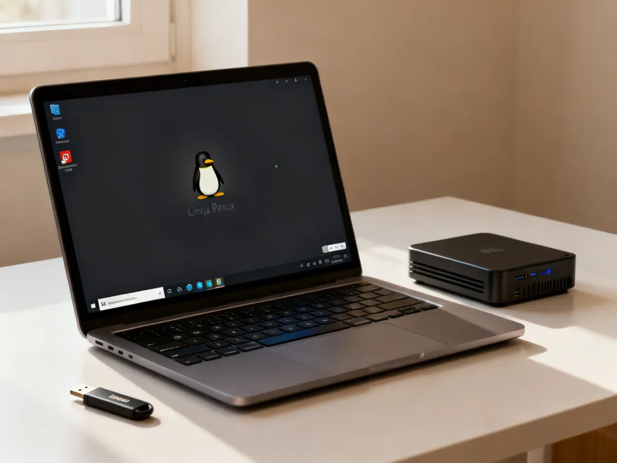 Laptop z uruchomionym systemem Linux oraz nośnikami do wykonania kopii zapasowej