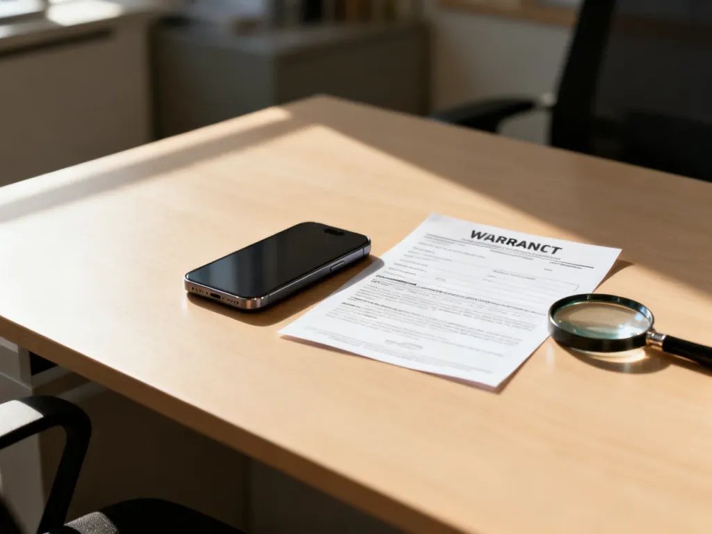 Nowoczesny smartfon leżący na biurku obok dokumentu gwarancyjnego i lupy, symbolizujący proces weryfikacji gwarancji urządzenia.