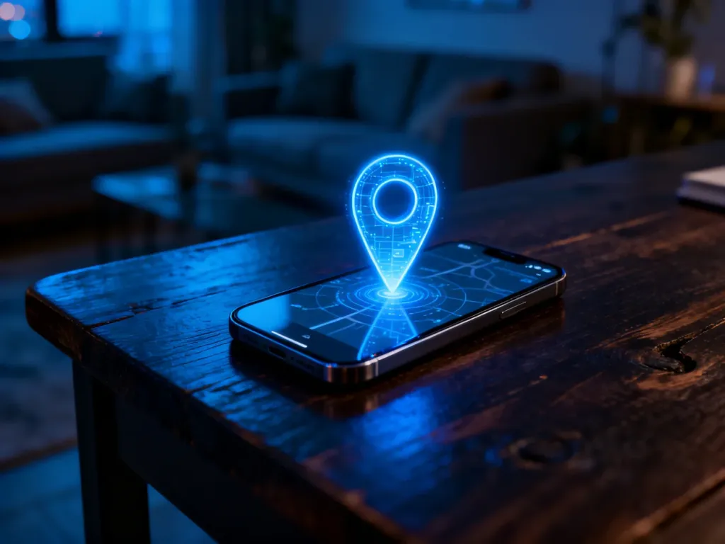 Nowoczesny smartfon z wyświetloną ikoną lokalizacji na mapie, leżący na ciemnym biurku w przyciemnionym pokoju.