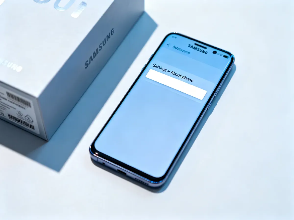 Telefon Samsung z otwartą sekcją informacji o urządzeniu obok pudełka