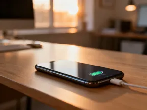 Nowoczesny smartfon z futurystycznym interfejsem na ekranie, symbolizujący instalację nowej aktualizacji systemu iOS.