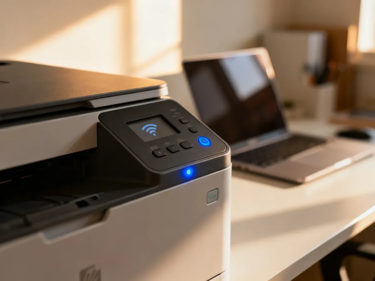 Panel sterowania drukarki Epson L3250 z podświetloną na niebiesko diodą sygnalizującą aktywne połączenie bezprzewodowe Wi-Fi.