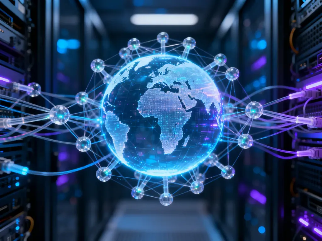 Świecący cyfrowy glob otoczony siecią połączeń, symbolizujący globalną infrastrukturę internetową i publiczne adresy IP.