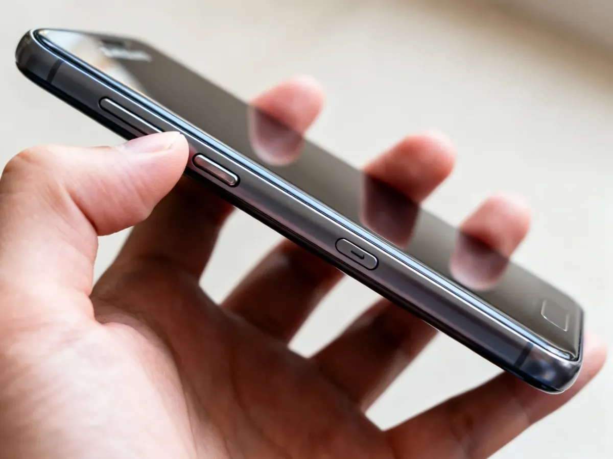 Dłoń pokazująca przyciski boczny i zmniejszania głośności na telefonie Samsung