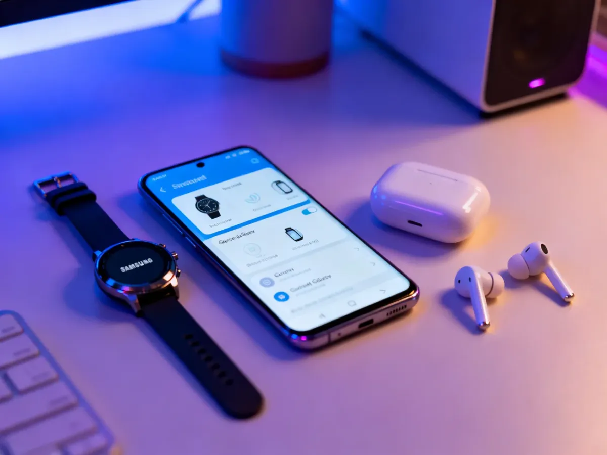 Smartfon z zegarkiem Galaxy Watch i słuchawkami bezprzewodowymi