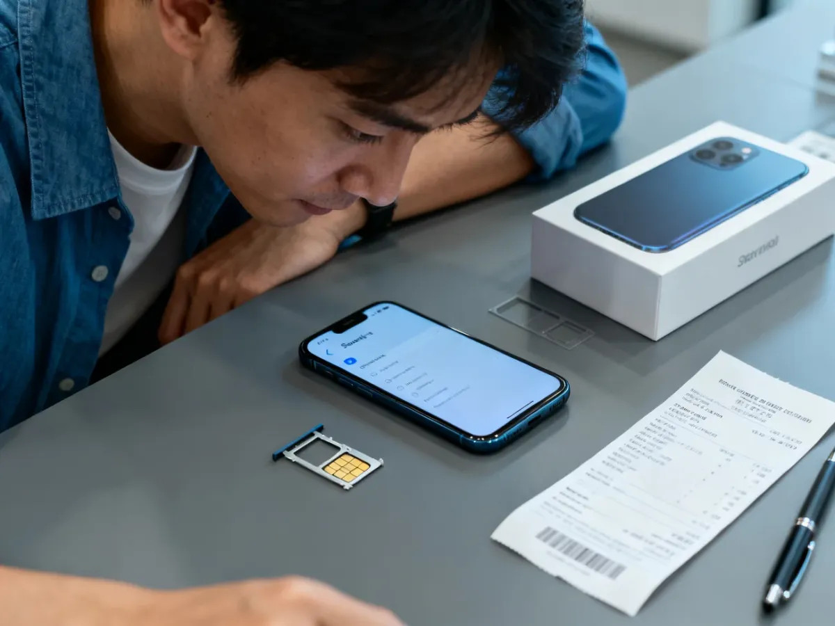 Kupujący sprawdza używany telefon, numer IMEI i dokumenty zakupu