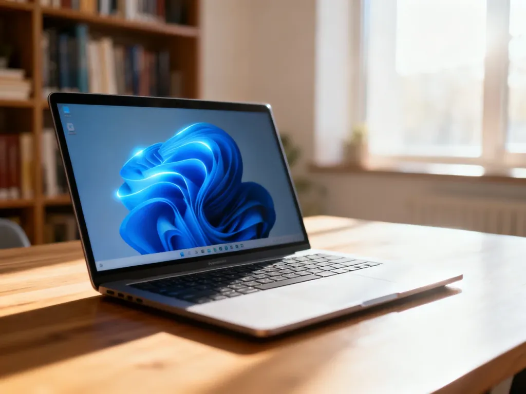 Nowoczesny laptop z systemem Windows 11 na jasnym biurku w słonecznym domowym biurze.