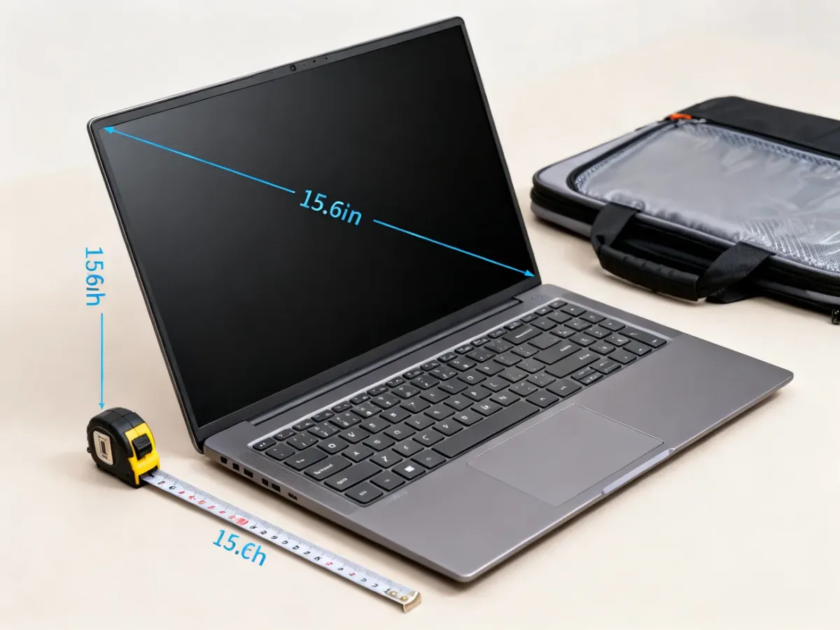 Laptop z miarką i torbą pokazujący różnicę między przekątną ekranu a wymiarami obudowy