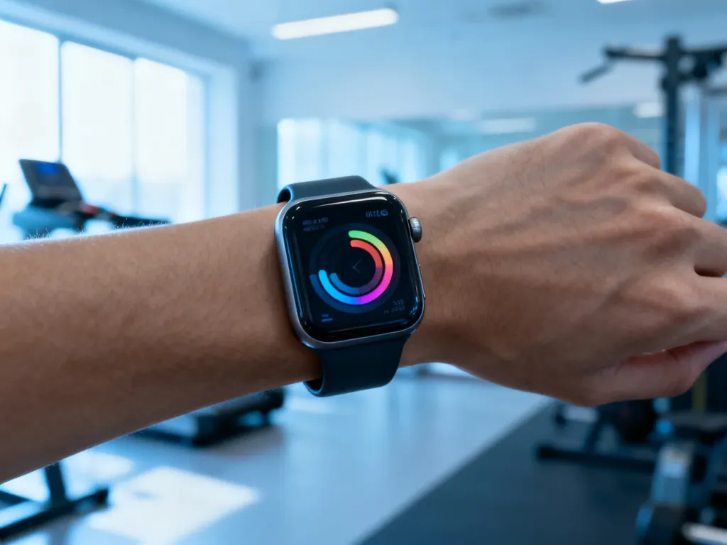 Nowoczesny smartwatch na nadgarstku wyświetlający kolorowe pierścienie aktywności i dane zdrowotne w minimalistycznym gymie.
