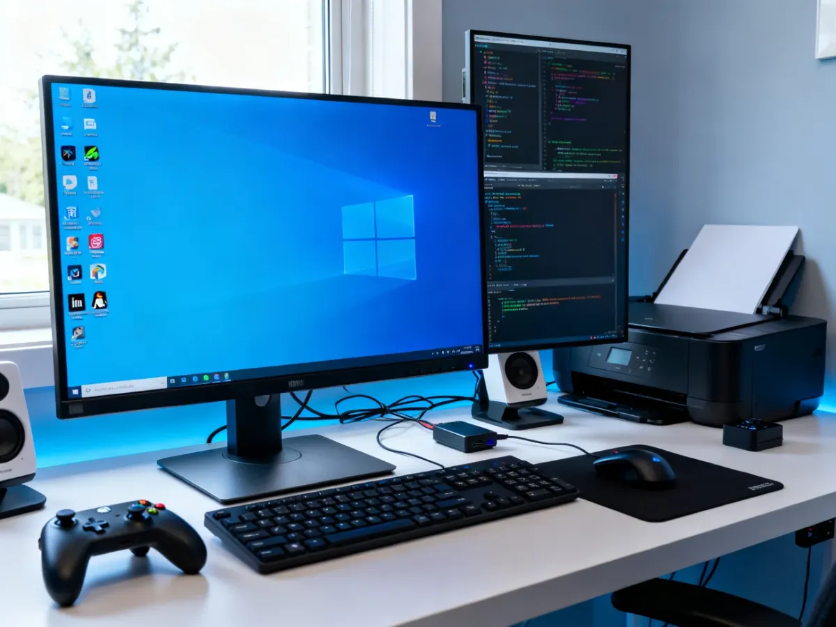 Komputer z systemem Windows w uniwersalnym stanowisku do pracy, gier i programowania