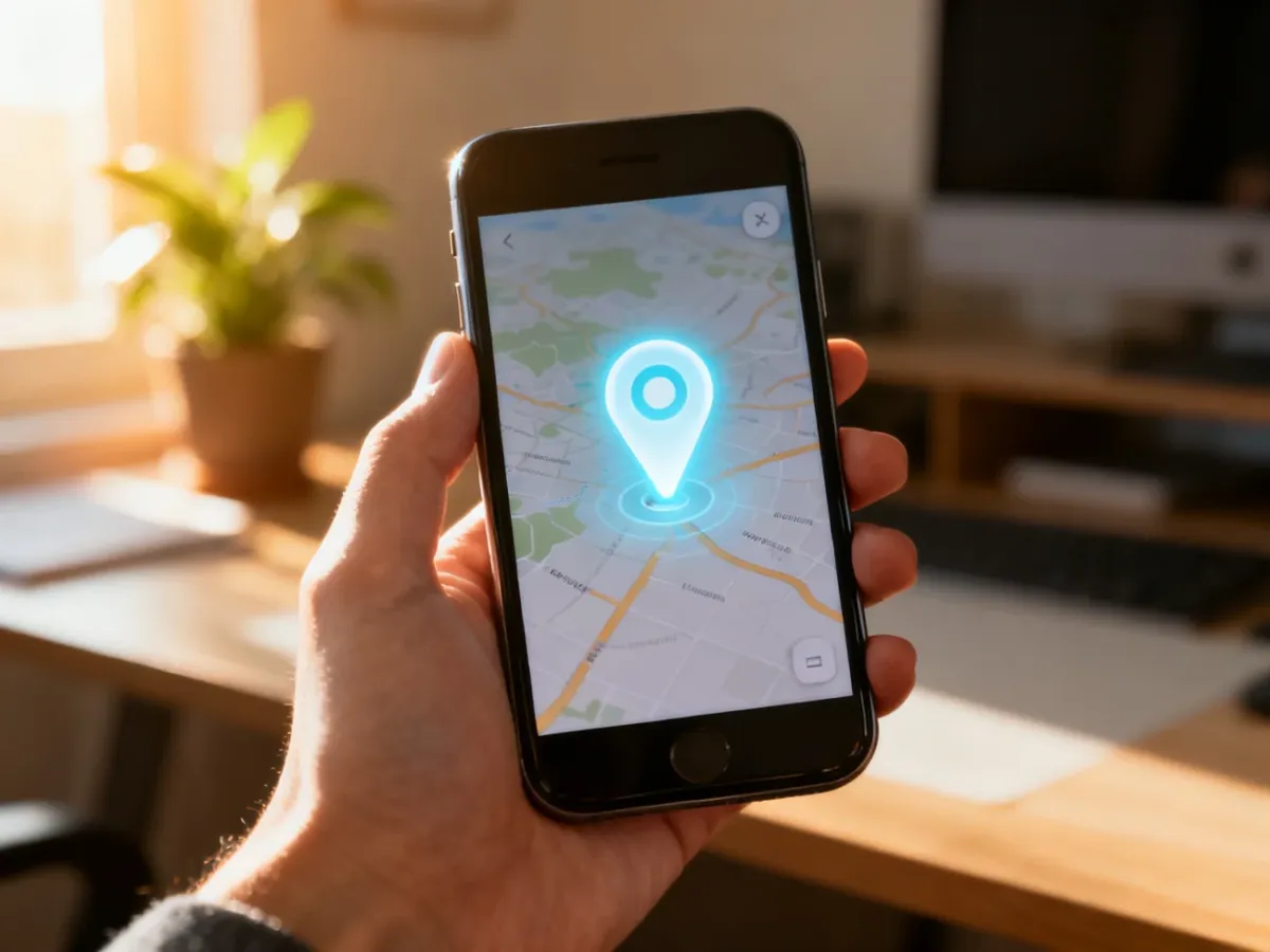 Ekran iPhone'a z wyświetloną mapą i pinezką nawigacyjną, ilustrujący proces konfiguracji usług lokalizacyjnych.