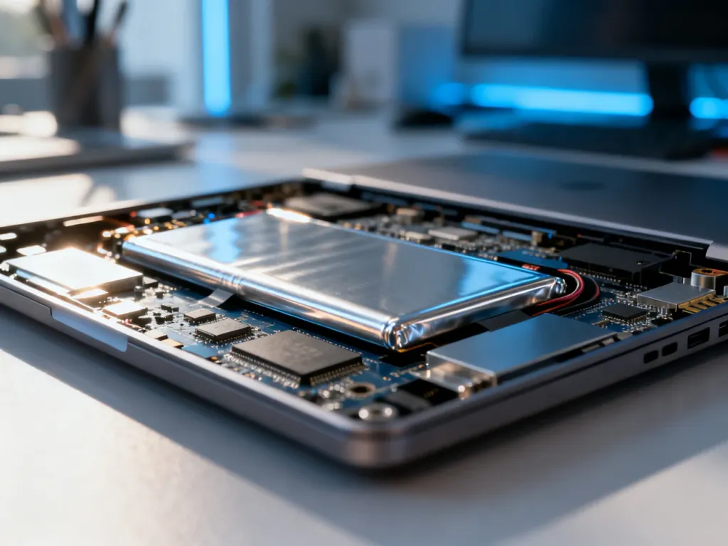 Wnętrze nowoczesnego laptopa z widocznym akumulatorem i układami elektronicznymi, podkreślające techniczny aspekt sprzętu.
