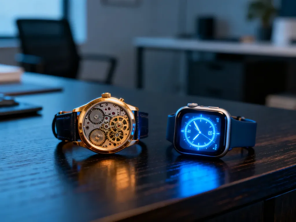 Klasyczny zegarek mechaniczny z widocznymi trybami obok nowoczesnego smartwatcha z podświetlanym ekranem na drewnianym stole.