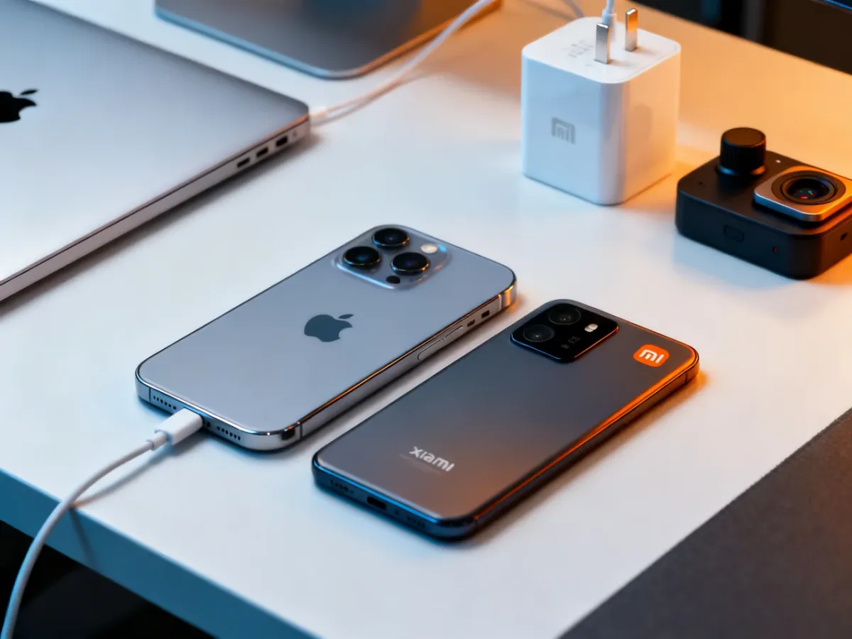iPhone i Xiaomi zestawione obok siebie z akcesoriami symbolizującymi ich najważniejsze zalety